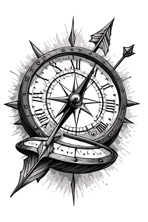 compass with arrow piercing and Roman numeral clock on the side tattoo design idea
