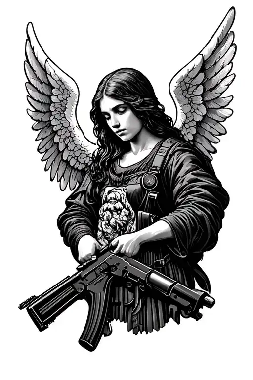 Angel Holding AK 47 tattoo design idea