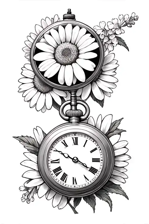 pocket watch daisies lilacs tattoo design idea