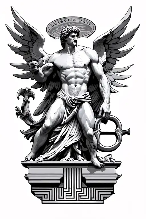 prometheus statue with eagle and greek key tattoo design idea