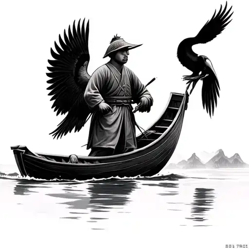 Chinese fisherman in traditional boat with cormorant tattoo design idea