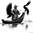 Chinese fisherman in traditional boat with cormorant tattoo design idea