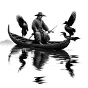 Chinese fisherman in traditional boat with cormorant tattoo design idea