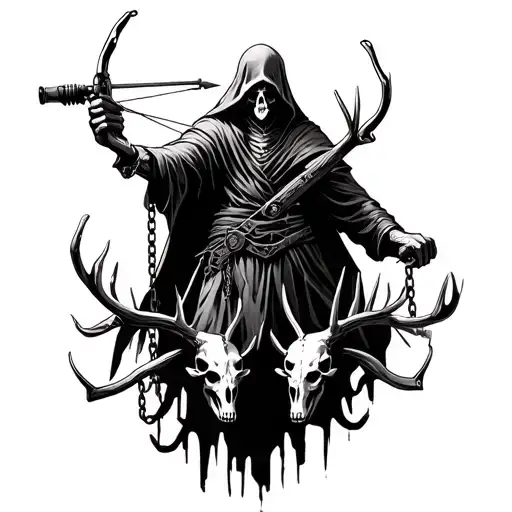 Grim reaper holding a crossbow in one hand and in the other hand he is pulling a chain connected to many buck skulls tattoo design idea