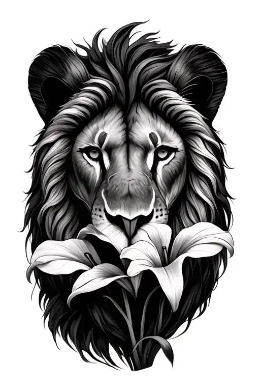 lion head next to calla lily flowers tattoo design idea