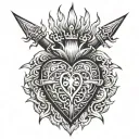 a hyper-masculine sacred heart, three thick daggers piercing the sacred heart, flames above the sacred heart tattoo design idea
