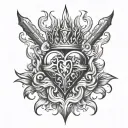a hyper-masculine sacred heart, three thick daggers piercing the sacred heart, flames above the sacred heart tattoo design idea