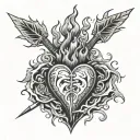 a hyper-masculine sacred heart, three thick daggers piercing the sacred heart, flames above the sacred heart tattoo design idea