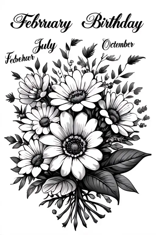 Bouquet of birthday flowers of the month of February, July, October and November tattoo design idea
