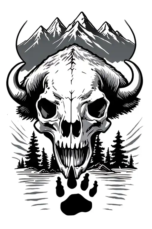 bison skull with mountains and a bear paw print tattoo design idea