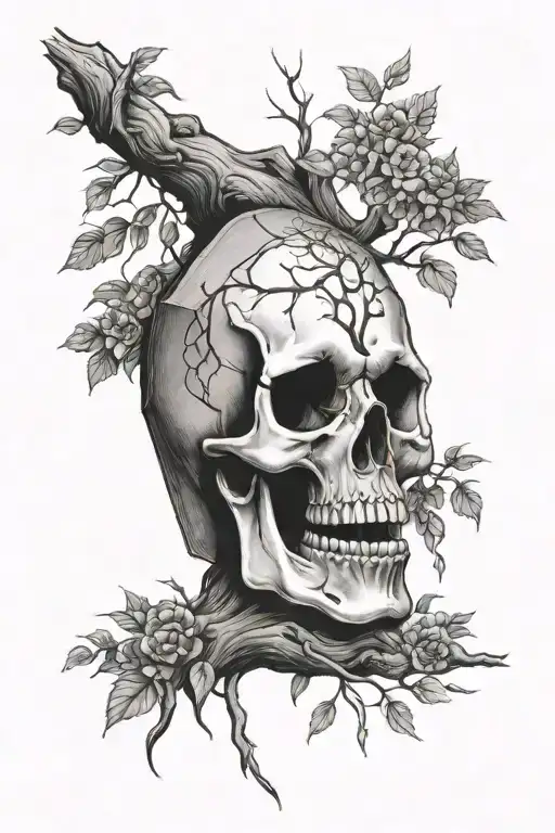 coffin skull acacia tree tattoo design idea