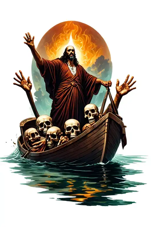 Charon crossing the river Styx, hands coming up out of the water with skulls on his boat tattoo design idea