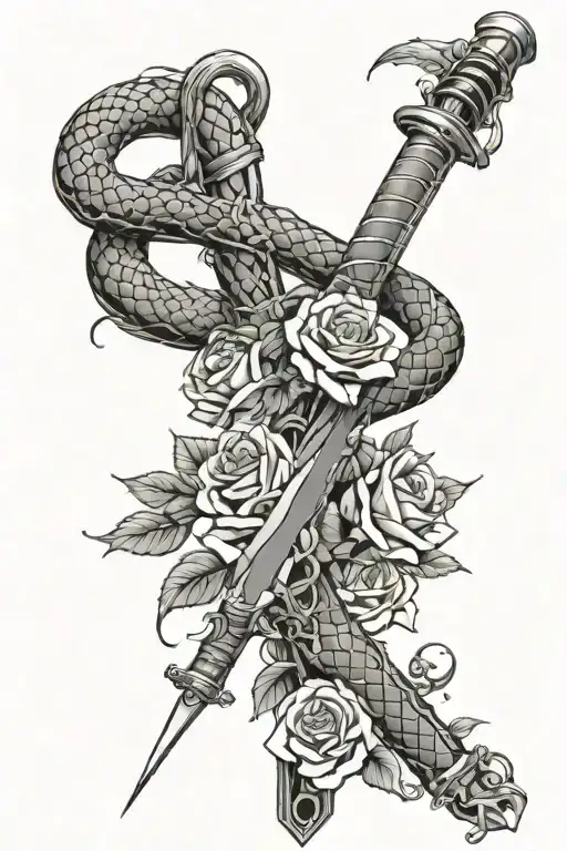 Katana down spine with roses and thorns wrapping around with snakes and scorpions crawling on the sword  tattoo design idea