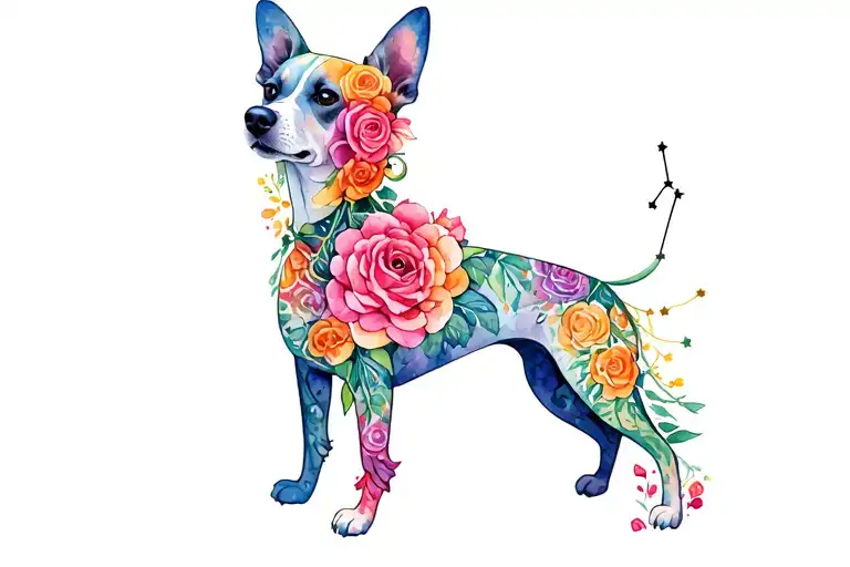 alebrije dog made of roses and honeysuckle, with a sagittarius constellation  tattoo design idea