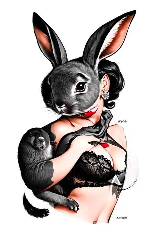 Pin up girl tattoo wearing lingerie with red lips and holding a grey rabbit.  tattoo design idea