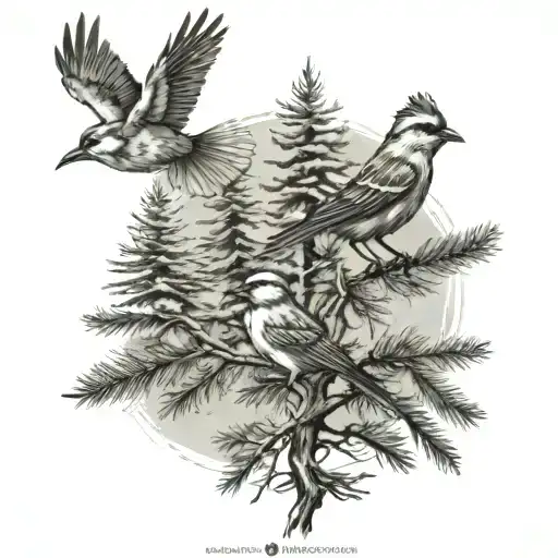 pinetrees and birds  tattoo design idea