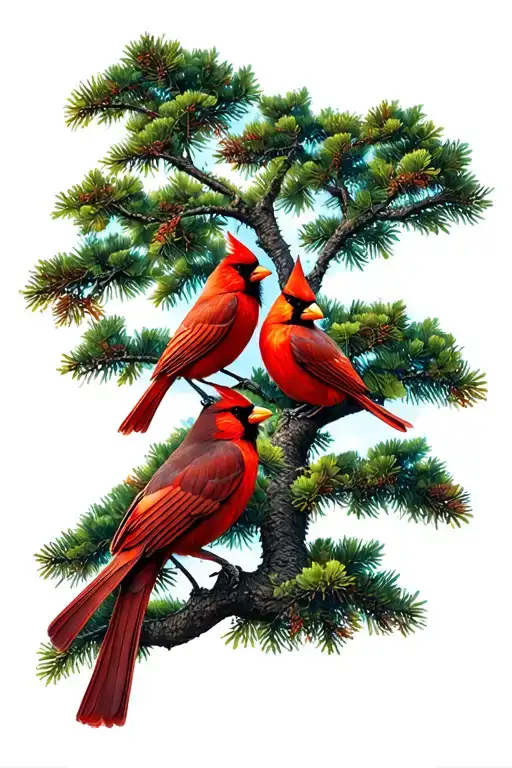 male and femal cardinal in a southern live oak tree tattoo design idea