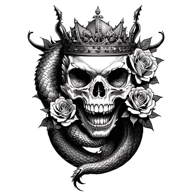 snake dragon roses and skull wearing a crown tattoo design idea