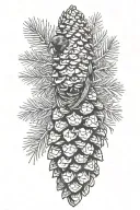 raven pine cone, fir branch, burnt tattoo design idea