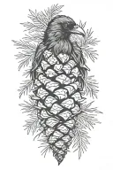 raven pine cone, fir branch, burnt tattoo design idea