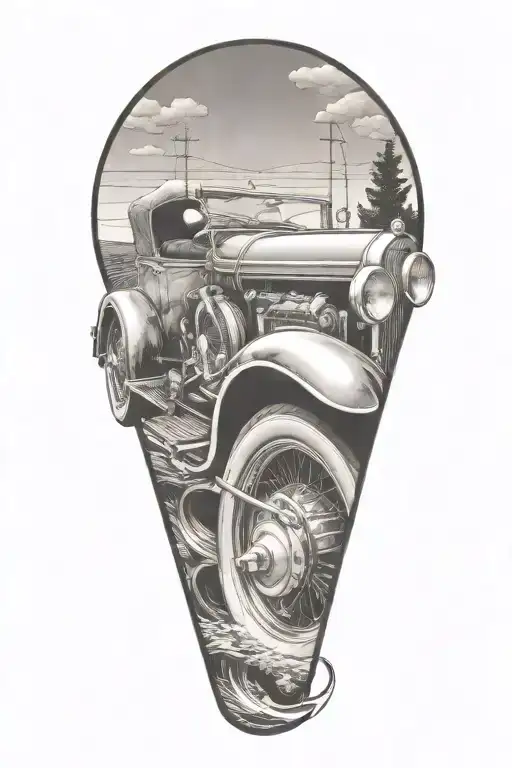A bold and dynamic tattoo design of a classic car speeding down a country road, with Harley Davidson motorcycles and construction pipes in the background tattoo design idea