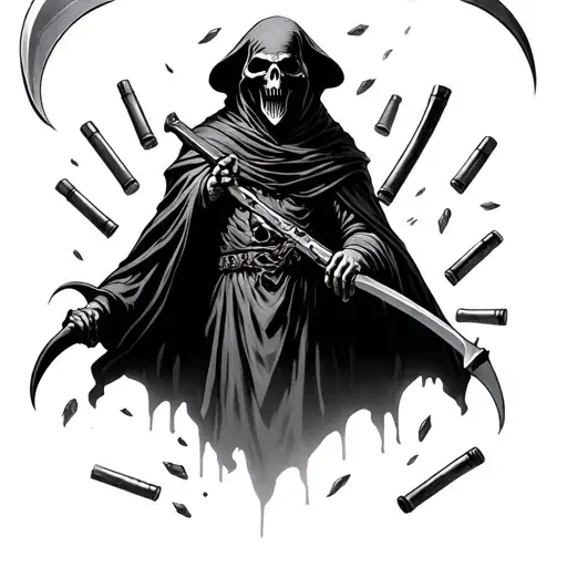 reaper with scythe hovering with four 556 casings scattered under  tattoo design idea