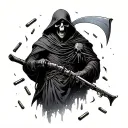 reaper with scythe hovering with four 556 casings scattered under  tattoo design idea