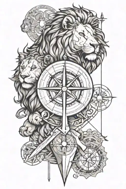 lion and lioness, compass rose, yin and yang, hourglass, sword pierced everything in order and geometric lines tattoo design idea