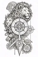 lion and lioness, compass rose, yin and yang, hourglass, sword pierced everything in order and geometric lines tattoo design idea