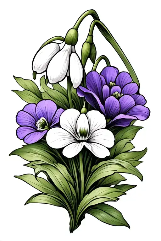 snowdrop flower intertwined with a violet flower and a primrose flower in style of line art tattoo design idea
