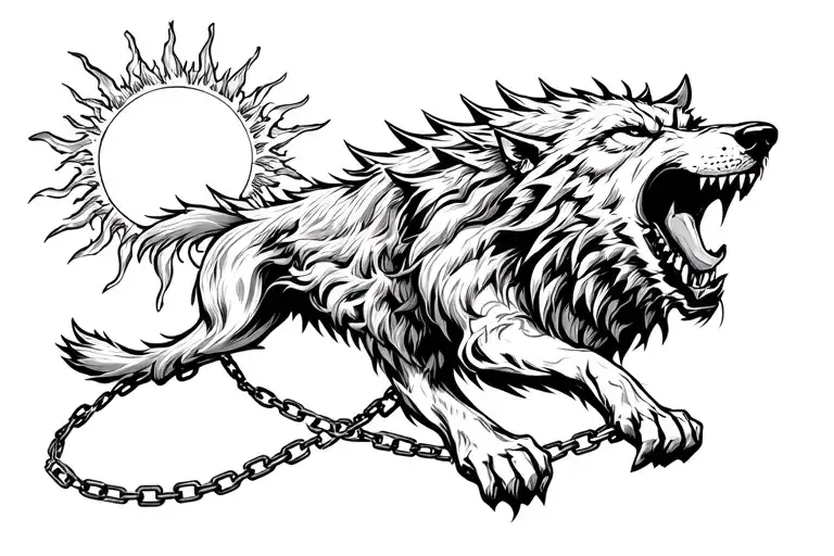Fenrir, a terrifying wolf, is constrained by a chain, his mouth pierced his sword through, the wolf reaches for the sun to absorb it tattoo design idea