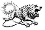 Fenrir, a terrifying wolf, is constrained by a chain, his mouth pierced his sword through, the wolf reaches for the sun to absorb it tattoo design idea