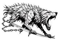 Fenrir, a terrifying wolf, is constrained by a chain, his mouth pierced his sword through, the wolf reaches for the sun to absorb it tattoo design idea
