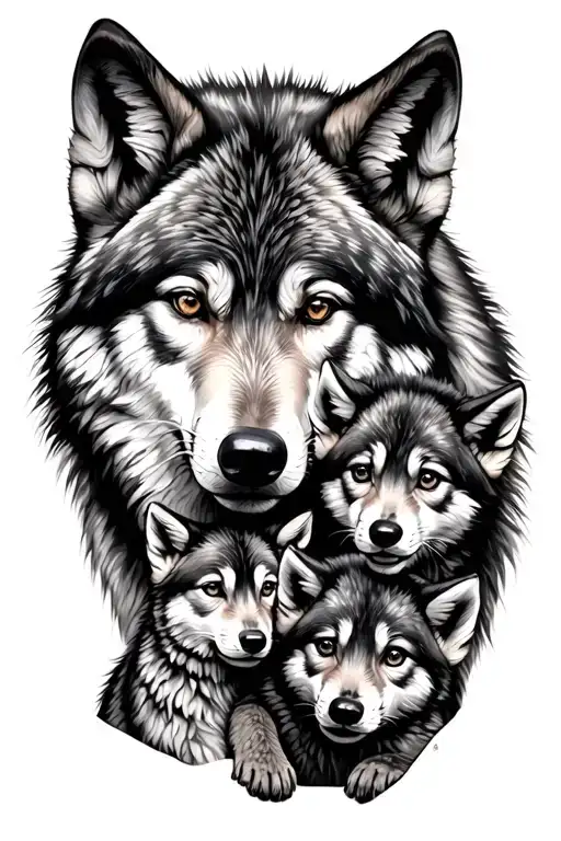 Wolf mother and father  With 3 Cubs tattoo design idea