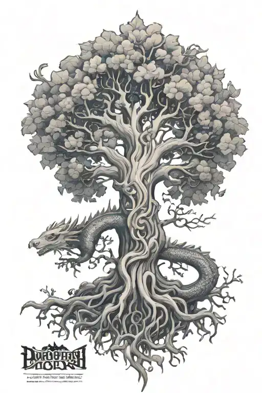 yggdrasil family tree with dragon surrounded tattoo design idea