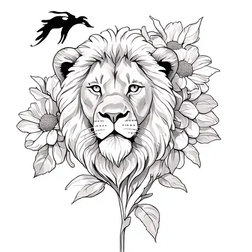 lion coming out of french marigold tattoo design idea