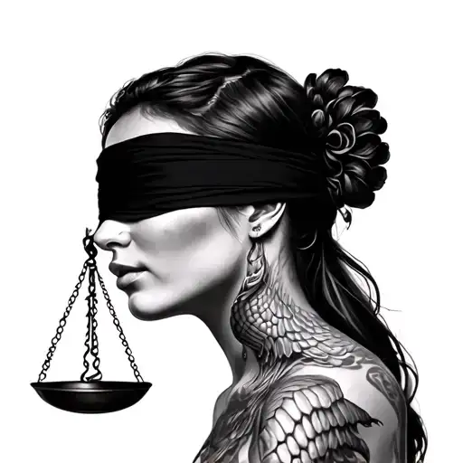 blindfolded woman in profile with scales in black and white tattoo design idea
