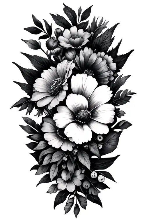 Floral arm sleeve with birth flowers for march, April, may, August, September, October, November and December In black a tattoo design idea