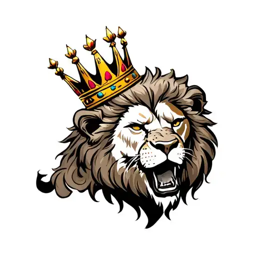 lion wearing a crown roaring with a scar on the left eye tattoo design idea