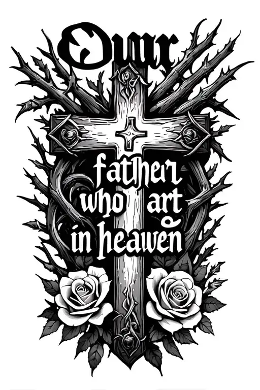 "Our, father who art in heaven " cross with thorns and roses tattoo design idea
