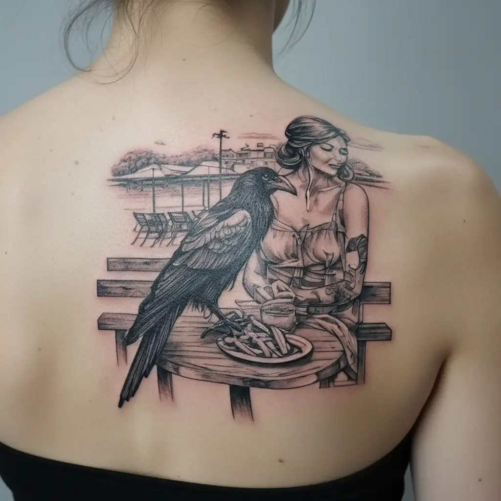 beautiful girl wearing sundress sitting in an outdoor cafe feeding a raven French fries at her table next to a riverwalk tattoo design idea