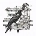 beautiful girl wearing sundress sitting in an outdoor cafe feeding a raven French fries at her table next to a riverwalk tattoo design idea