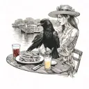 beautiful girl wearing sundress sitting in an outdoor cafe feeding a raven French fries at her table next to a riverwalk tattoo design idea