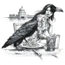 beautiful girl wearing sundress sitting in an outdoor cafe feeding a raven French fries at her table next to a riverwalk tattoo design idea