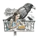 beautiful girl wearing sundress sitting in an outdoor cafe feeding a raven French fries at her table next to a riverwalk tattoo design idea