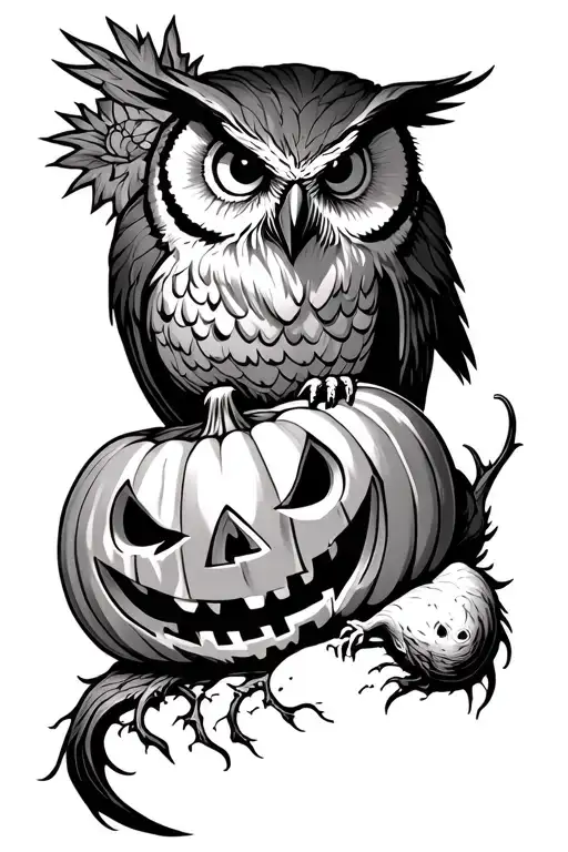 evil jack-o-lantern and owl tattoo design idea