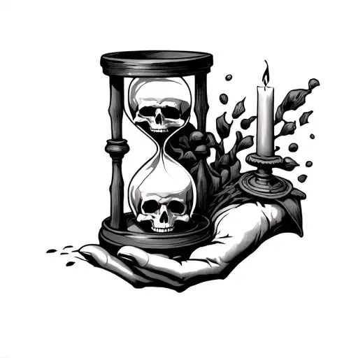 a hourglass, the sand becomes skulls when falling. a eskeletical hand holding it from the bottom and a gothic candle  tattoo design idea
