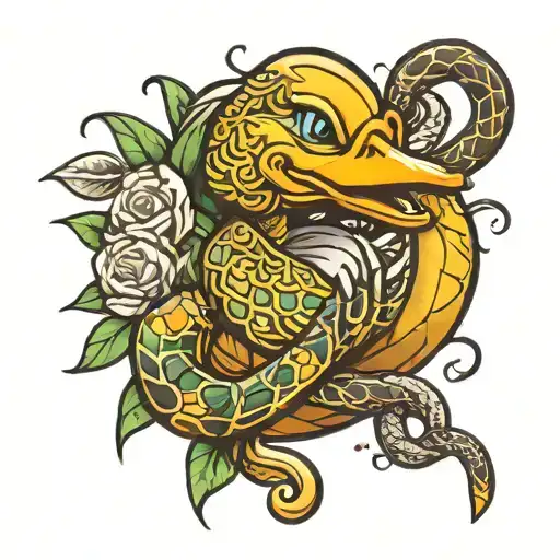 duck holding a rattle snake with flowers intertwined tattoo design idea