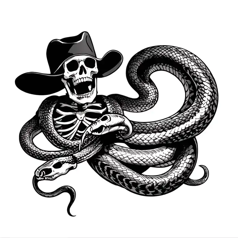 skeleton cowboy with snake wrapped tattoo design idea