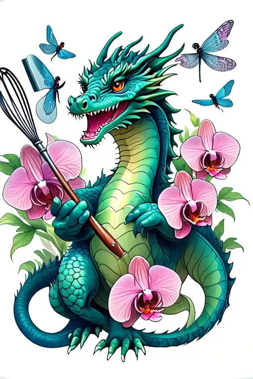 Dragon holding a whisk and spatula, surrounded by orchids and dragonflies tattoo design idea